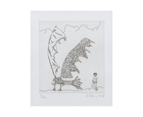 Keith Haring signed and 1989 dated etching "The Valley" - with on the back the accompanying text by William S. BurroughsHARIN