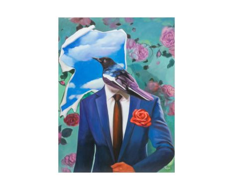 21st Cent. oil on canvas with a homage to Magritte - signed RoyceROYCE (° 1984) olieverfschilderij op doek getiteld "Hommage 