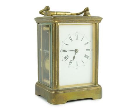 An early 20th century French brass carriage clock by Drocourt &amp; Co. of Paris, with enamelled Roman dial, plain case and m