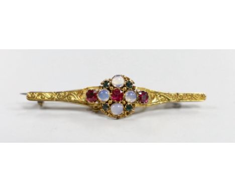 An early 20th century, yellow metal, moonstone, ruby and green garnet cluster set bar brooch, 51mm, with later pin attachment