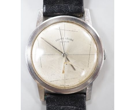 A gentleman's steel Favre Leuba manual wind dress wrist watch, case diameter 34mm, on associated leather strap.