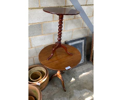 A George III oak tilt top tripod tea table together with a Victorian mahogany bobbin turned tilt top tripod wine table, large