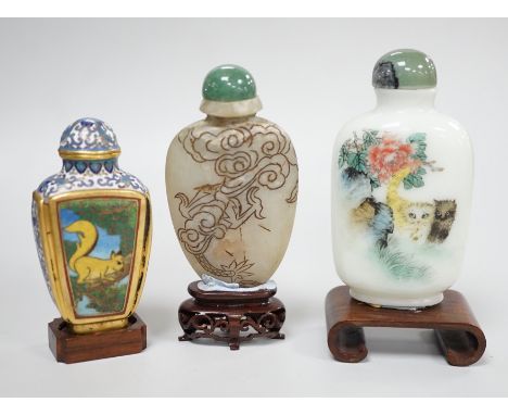 A Chinese cloisonné enamel snuff bottle, enamelled glass and stone snuff bottles. Tallest 8cm (3) Provenance - the former own