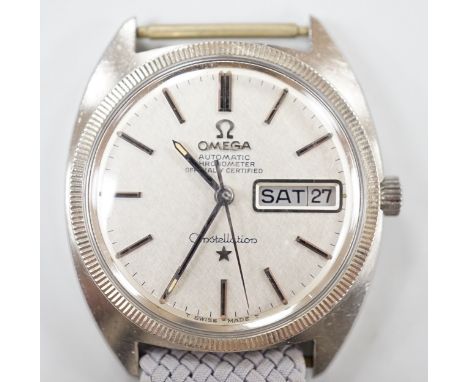 A gentleman's late1960's stainless steel Omega Constellation Automatic Chronometer wrist watch, on associated strap, case dia