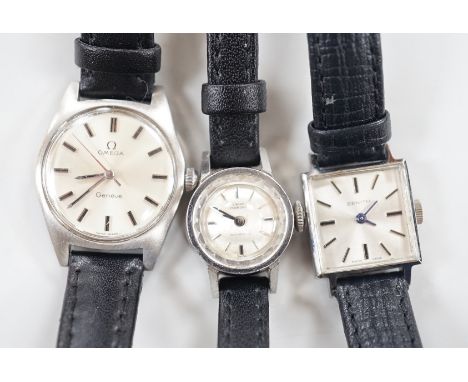 A lady's stainless steel Omega manual wind wrist watch, with baton numerals, together with a lady's stainless steel Zenith sq