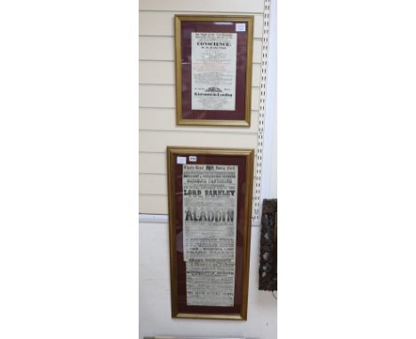 A framed pantomime billboard poster, ‘Aladdin’, theatre Royal Dunlop Street, Glasgow, 1866, 74cms x 24cms