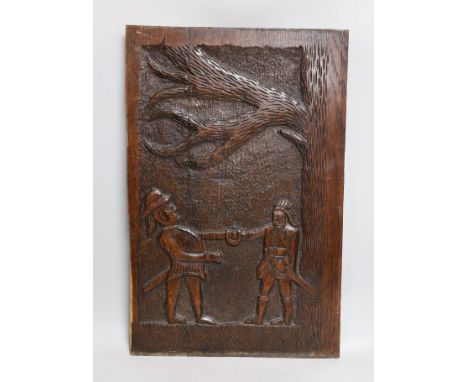 A 17th century style carved oak panel, 'Colonist attacking a Native American Indian' 56x36cm