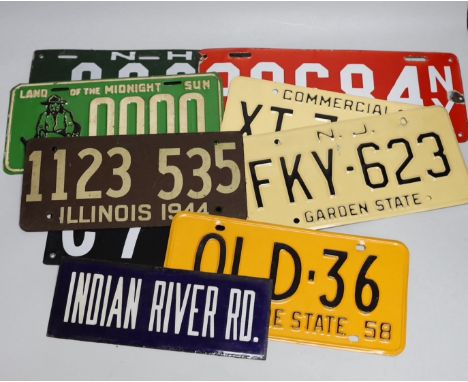 A mixed group of nine USA enamel car registration number plates
