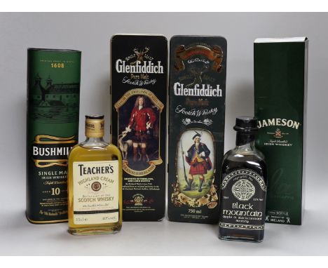 6 bottles of whisky/whiskey and brandy - 2 70cl bottles of Glenfiddich, 1 70cl bottle of Bushmills, a 70cl bottle of Jameson,