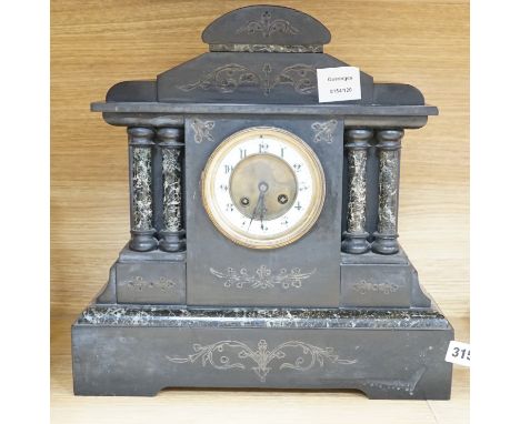A Victorian black slate and marble architectural mantel clock, 38cm wide