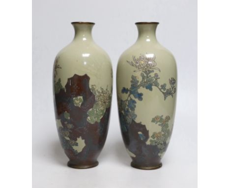 A pair of Japanese silver wire cloisonné enamel vases. 25cm tall