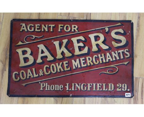 'Agent For Baker’s Coal and Coke Merchants, Lingfield’ – an original painted enamel sign, 73cms wide x 46cms high