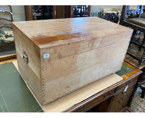 A late Victorian teak trunk (tin lined), width 91cm, depth 51cm, height 47cm.