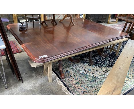 A Victorian mahogany twin pillar dining table, in need of restoration, length 203cm, width 138cm, height 75cm