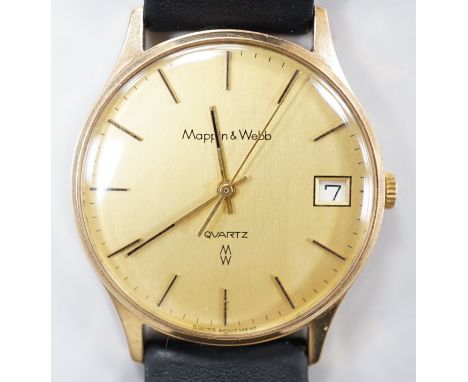 A gentleman's yellow metal quartz dress wrist watch, retailed by Mappin &amp; Webb, with date aperture, case diameter 34mm, o