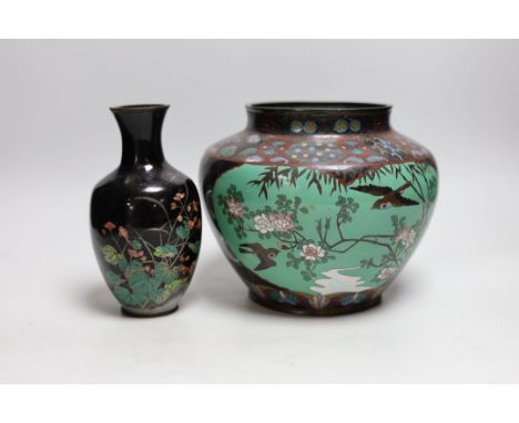 A Japanese cloisonné enamel vase and another smaller vase. Tallest 18cm