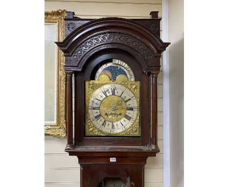A George III mahogany longcase clock with moon phase, dial marked Radcliffe, Schofield Rochdale, height 229cm (requires resto