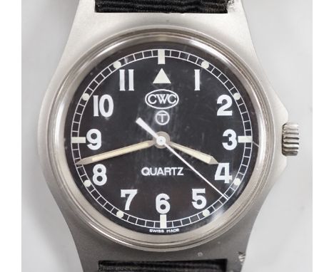 A steel? military CWC pilot's quartz wrist watch, with black Arabic dial, the case back with broad arrow and numbered, 0552/6