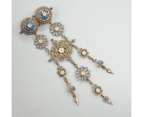 An early 20th century Scandinavian 830s gilt white metal and three colour enamel set drop brooch, 11cm, gross weight 16.3 gra