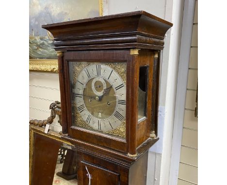 A late 18th century walnut 8 day longcase clock, pendulum incomplete, height 182cm