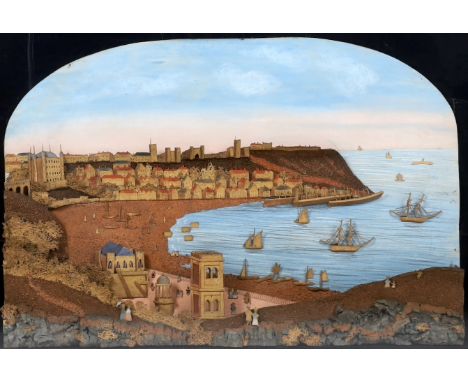 A large framed Victorian cork work panel depicting a view of Scarborough harbour, 93x124cm including frame overall 75 x 105cm
