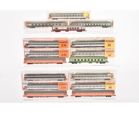 French SNCF Electric N Gauge Coaching Stock, in various liveries, nine in grey/white livery Ibertren 267/268 (6), 265 (2) Roc