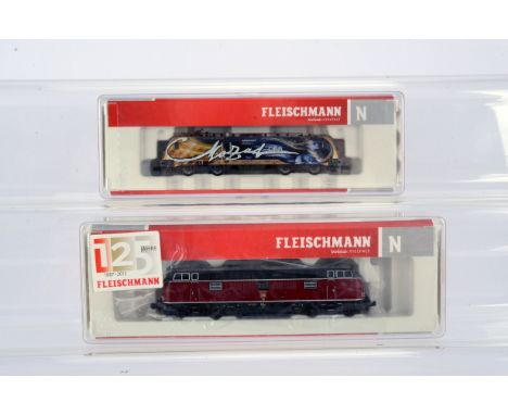German and Austrian N Gauge Electric and Diesel locomotives, two cased Fleischmann examples, 725000 221 104-3 diesel in DB ma