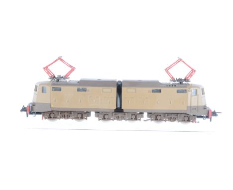 A 3-rail Italian Railways (FS) Bo-Bo-Bo Electric Locomotive, in two-tone brown FS livery, the plastic body with moulded handr