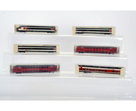 Swiss N Gauge Coaching Stock, all cased, Fleischmann, 890401 restaurant  car in red/white SBB livery, rake of three, 890181 c