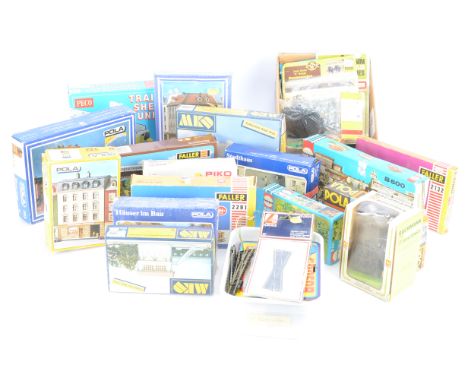 N Gauge Trackside Kits Accessories and Track, boxed kits, all appear complete but unchecked, Piko 60021 fuel station, Faller 