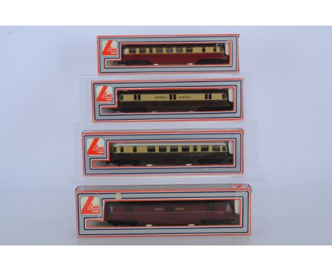 Lima OO Gauge Railcars, four boxed examples, 205144 BR maroon Express Parcels W 34 W, 205133 BR crimson and cream W22, 205132