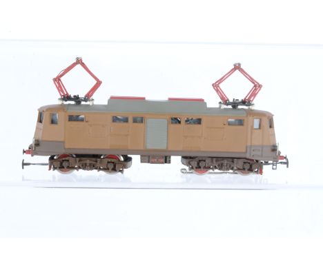 A 3-rail Italian Railways (FS) Bo-Bo Electric Locomotive, in two-tone brown FS livery, the body with moulded handrails but no
