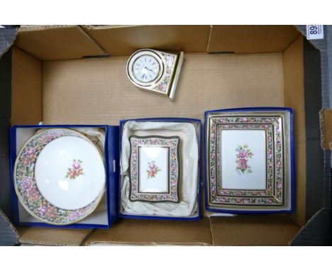 Boxed Wedgwood Clio Patterned Bowl, Lidded Trinket bo, rectangular tray &amp; small mantle clock, length of longest 20cm(4) 