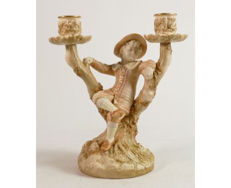 Royal Worcester hand painted twin candlestick holder Hadley designed figure in blush &amp; gilt, puce backstamp, height 22cm.