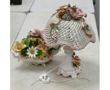 A large Continental floral centre piece together with a similar lamp base and shade. Height of lamp with shade 46cm 