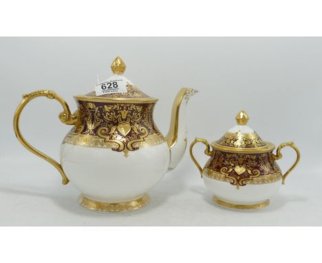 De Lamerie Fine Bone China heavily gilded Burgundy Aphrodite patterned tea pot &amp; sugar bowl, specially made high end qual