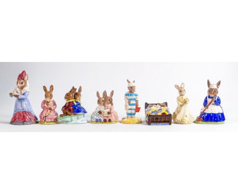 Royal Doulton Bunnykins figures to include - Story Time DB9, Sleigh Ride DB4, Sundial DB213, Polly DB71, Clean Sweep DB6, Bri