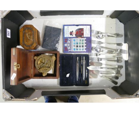 A mixed collection of items to include boxed Brass Miniature Desktop Sundial Compass, Cased Geometry set. 1994 United Kingdom