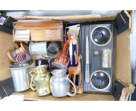 A mixed collection of items to include Esterbook desk tidy, pewter &amp; similar tankards, vintage wooden inkwell etc 