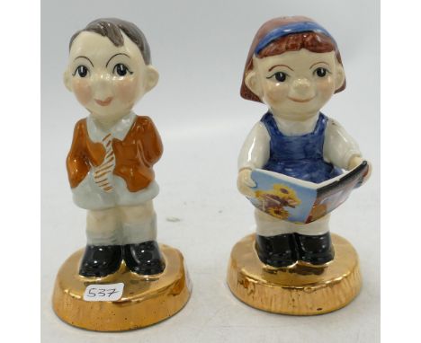 Pair Carltonware Children figures with gold bases, Girl Millennium figure and Schoolboy, boxed. (2) 