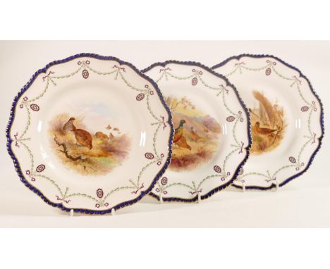 Three Royal Worcester late 19th century Game Bird patterned dessert plates, one signed G Johnson, diameter of largest 22cm. (