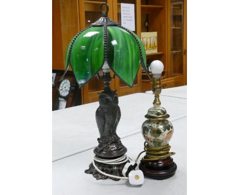 Reproduction Bronzed Owl shaped lamp. Slight Crack to shade, together with similar item. Tallest 57cm. (2) 