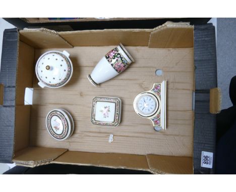 Wedgwood Clio patterned to include Potpourri Dish, Lidded Boxes, Mantle Clock &amp; Vase(5) 