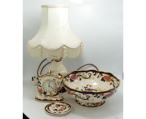 A collection of Masons Blue Mandalay to include a footed fruit bowl, together with mantle clock, lamp and two coasters. 