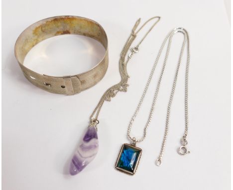 Sterling Silver bangle together with 2 silver chains with silver pendant and gemstone pendant.  Gross weight 37.2g. 