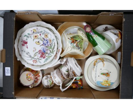 A mixed collection of items to include Wedgwood plates, Royal Winton basket with hunting scenes, cups &amp; saucers, Beswick 