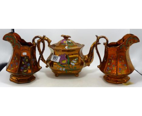 Gilded Gibson Type Victorian Teapot &amp; Jugs, tallest 18.5cm(3) 