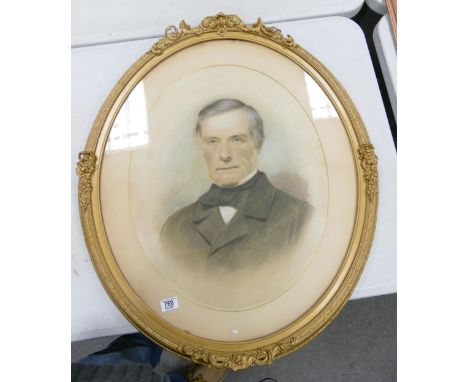 Large Turn of the Century Pastel Portrait in Ornate Oval Frame, frame diameter diameter at largest 87cm 