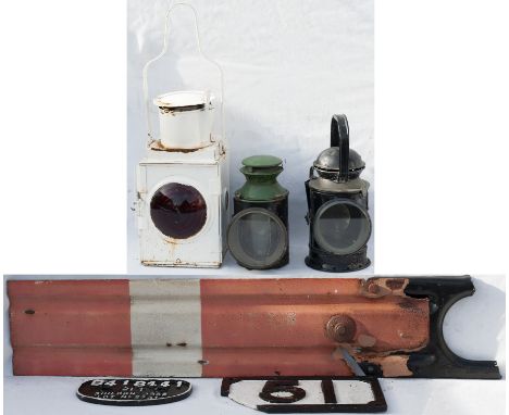 A miscellaneous Lot containing the following Railway Items. BR Tail Lamp. GWR 3 aspect Hand lamp 1938. BR Hand lamp minus top