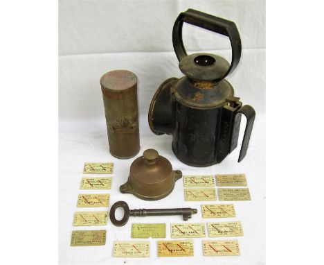A lot containing odd signalling items and BR tickets. BR Hand lamp minus top cap. GWR pre grouping Detonator Tin. GWR brass S